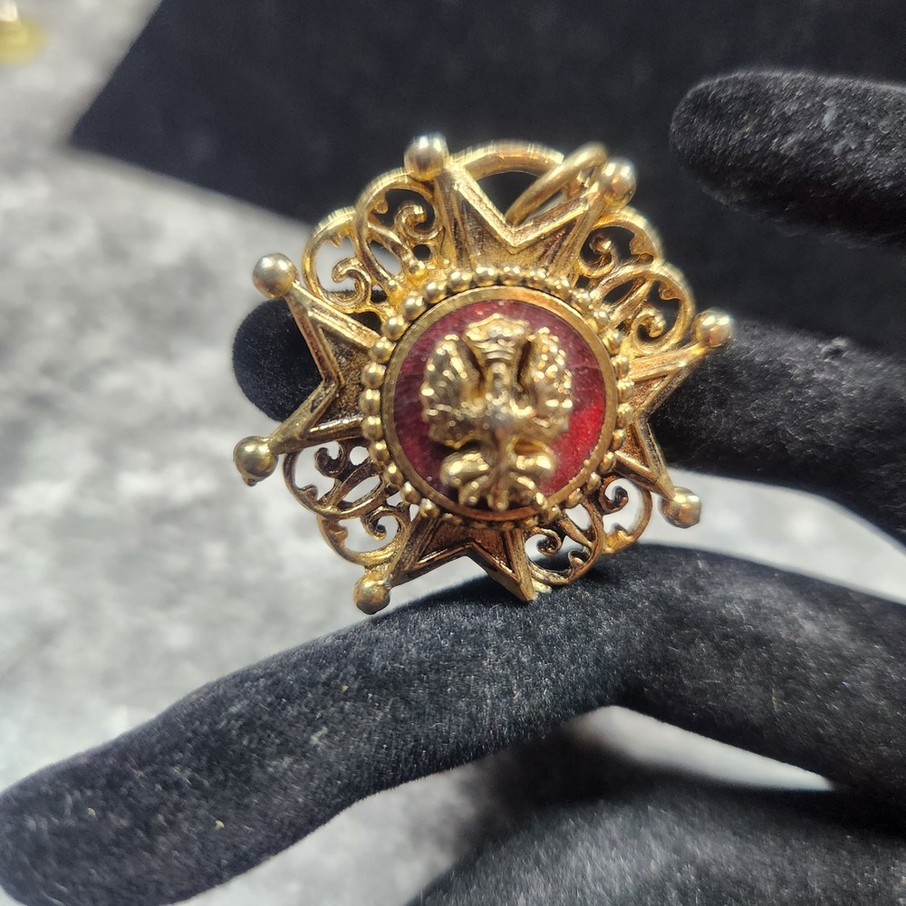 Vintage Gold‎ Tone Heraldic Eagle Maltese Cross Pendant Red Enamel Detail